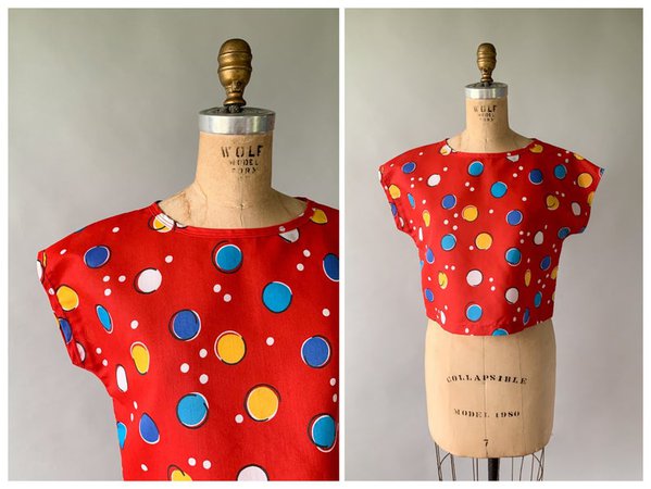 Vintage 80s red polka dots primary colors boxy dolman short sleeved crop top | Etsy