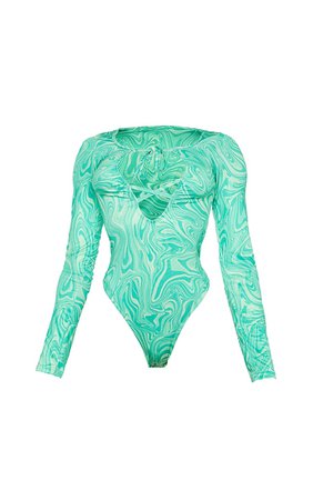Green Abstract Marble Cross Halterneck Bodysuit | PrettyLittleThing USA