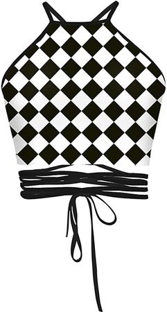 Sister Amy Women's Halter Cross Hollow Boho Bandage Tank Camis Crop Top Vest Square at Amazon Women’s Clothing store