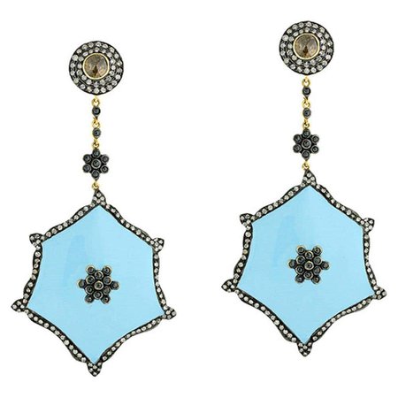 Designer Dangle Diamond and Turquoise Enamel Earring in Gold and Silver For Sale at 1stDibs