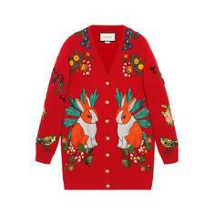 Oversize embroidered wool cardigan in Red ribbed merino wool | Gucci Women's Sweaters & Cardigans