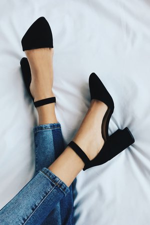 Trendy Black Heels - Ankle Strap Heels - Block Heels