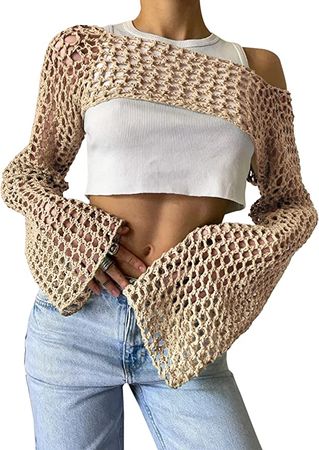 Lauweion Women's Sexy Hollow Out Crochet Knitted Crop Top Grunge Y2K Fit Backless Long Flare Sleeve Sweater Smock Top Green at Amazon Women’s Clothing store