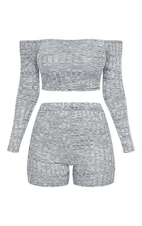 Grey Bardot Rib Knitted Short Set | Knitwear | PrettyLittleThing USA