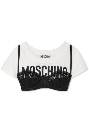 Moschino Cropped layered lace-trimmed satin and printed cotton-jersey top