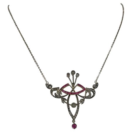 Art Nouveau Rose Cut Diamond Ruby Necklace Belle Époque Pendant For Sale at 1stDibs
