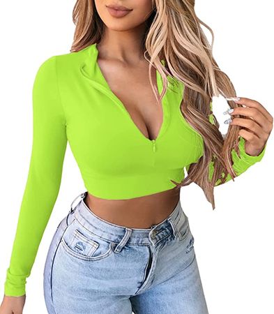 Artfish Women's Long Sleeve Quarter Zip Crop Tops Fleece Lined V Neck Fitted Sexy Cropped Shirts (01# Neon Green, S) at Amazon Women’s Clothing store