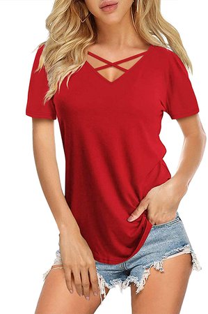 DittyandVibe Women's Short Sleeve V Neck Criss Cross T-Shirt Tops (Red,L) at Amazon Women’s Clothing store