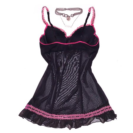 90s / Y2k Vintage Pink lace black mesh lingerie... - Depop