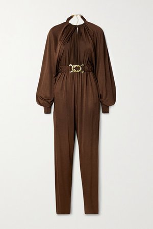 Mika Belted Draped Stretch-satin Jersey Jumpsuit - Chocolate