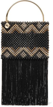 Janice Fringed Beaded Pouch - Black