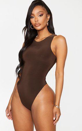Shape Chocolate Brown Sleeveless Slinky Bodysuit | PrettyLittleThing