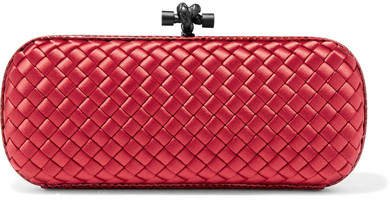 The Knot Watersnake-trimmed Intrecciato Satin Clutch - Red