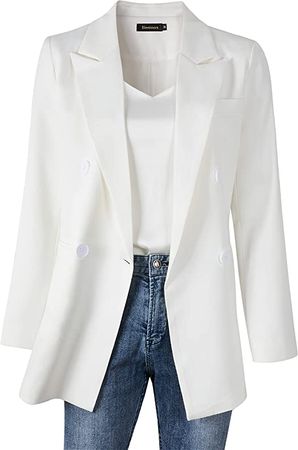 Womens Casual Long Sleeve Boyfriend Button Work Office Blazer Jacket (805 White, L) at Amazon Women’s Clothing store