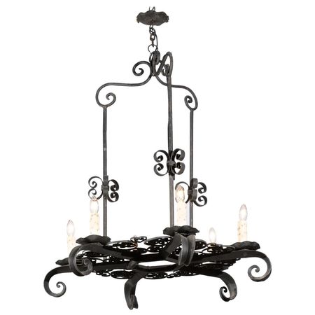 French Vintage Eight-Light Iron Round Chandelier with C-Scroll Motifs For Sale at 1stDibs