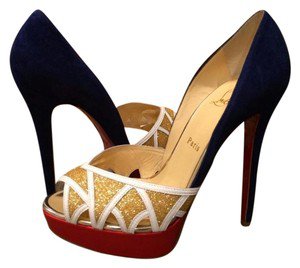 Christian Louboutin Royal Blue Red Gold White Ekaia 140 Suede Glitter Leather Pumps Heels Platforms Size US 10 - Tradesy