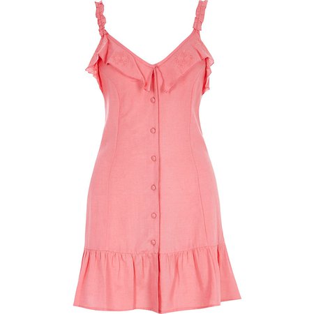 Pink frill button front mini beach dress | River Island