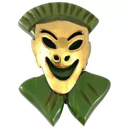 RARE Vintage 1930s Carved Green Bakelite Commedia Dell’Arte Clown Mask : California Dreamin' Art Jewelry Etc | Ruby Lane
