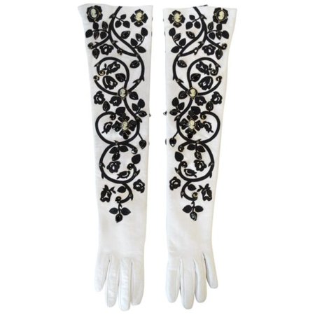 2000s Dolce & Gabbana Crystal White Leather Elbow Gloves
