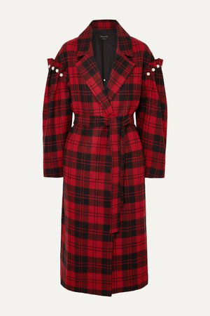 Red + NET SUSTAIN Webb belted faux pearl-embellished checked wool coat | Mother of Pearl | NET-A-PORTER