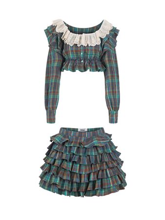 Woooha Wu Ha 2022 Fall New Sweet US Collar Doll Blouse Blouse Fluffy Plaid Short Skirt Suit Woman