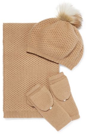 Portolano | Faux fur-trimmed waffle-knit cashmere hat, scarf and gloves set | NET-A-PORTER.COM