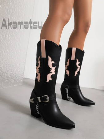 block heel embroidered denim boots