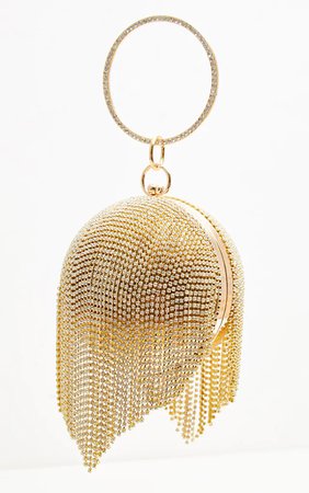 Prettylittlething Gold Diamante Tassel Sphere Clutch