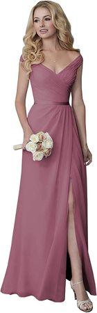 Women's Off The Shoulder Bridesmaid Dresses for Wedding Long Pleated Chiffon Formal Gowns