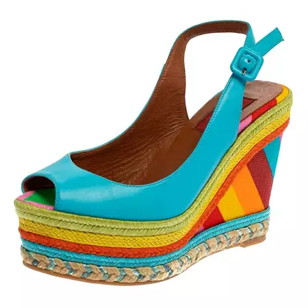 Valentino Blue Leather Peep Toe Singback Rainbow Wedge Sandals Size 36 For Sale at 1stDibs | valentino rainbow wedges, valentino wedges rainbow, colourful wedges