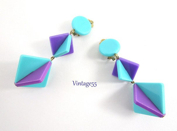 Mod Earrings Turquoise Purple Geometric W. Germany Clip On | Etsy