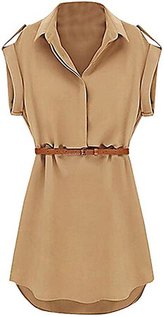 US&R, Women's Black Beige Cap Sleeve Belted V Neck Safari Style Mini Shirt Dress, Khaki 10, Manufacturer(XL) at Amazon Women’s Clothing store