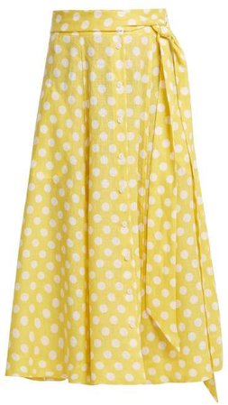 Polka Dot Print Tie Waist Linen Skirt - Womens - Yellow Multi