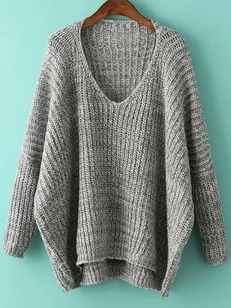 Grey V Neck Batwing Sleeve Dip Hem Oversized Sweater