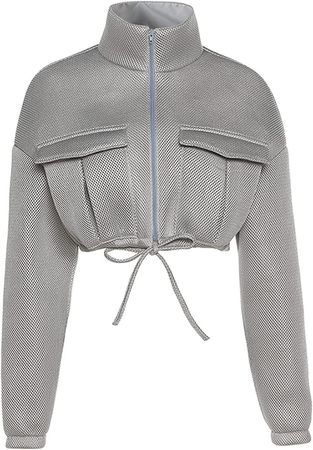 Flygo Womens Zip Up Cropped Jacket Stand Collar Long Sleeve Lightweight Short Bomber Jackets Coat(Grey-M)