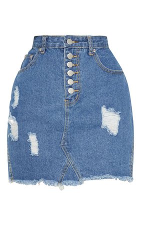 Mid Wash Button Distressed Denim Skirt | PrettyLittleThing USA