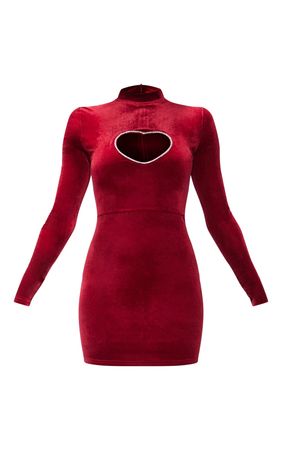 Red Velvet Diamante Heart Detail Bodycon Dress | PrettyLittleThing