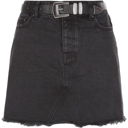 New Look Black Denim Fray Hem Belted Skirt