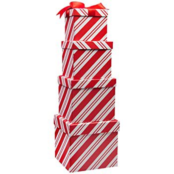 4 Christmas Gift Boxes Candy Cane Christmas Nesting Boxes with Lids in 4 Assorted Sizes for Holiday Decorative Wrapping
