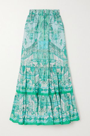 Tiered Printed Cotton-blend Poplin Maxi Skirt - Turquoise