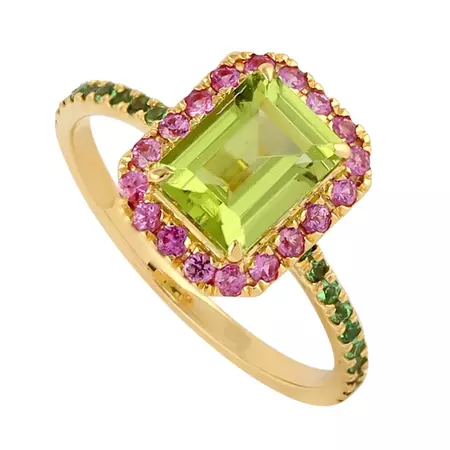 Peridot Pink Sapphire Tsavorite 14 Karat Gold Ring For Sale at 1stDibs