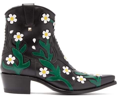 Ranch Daisy Floral Applique Western Leather Boots - Womens - Black Multi