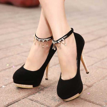 Black Ankle Strap Heels Platform Pumps Suede Shoes with Rhinestone for Party, Night club, Dancing club, Music festival, Date, Engagement | FSJ