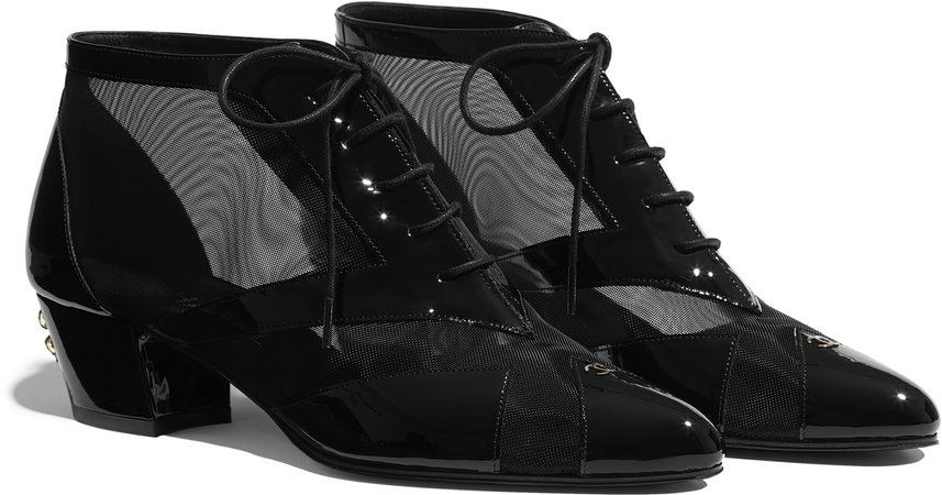 Lace-up, mesh and calfskin shoes in patent leather, black - CHANEL