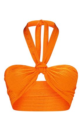 Bright Orange Textured Knot Front Halterneck Bralet | PrettyLittleThing USA