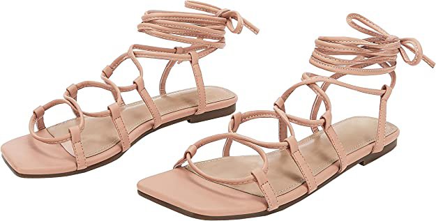 Amazon.com: Womens Lace up Square Toes Flat Sandals with Ankle Strap Summer Criss-Cross Gladiator Shoes