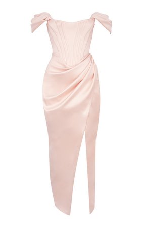 Clothing : Maxi Dresses : 'Genevieve' Blush Satin Off Shoulder Gown