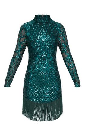 Emerald Green Sequin Long Sleeve Tassel Hem Bodycon Dress | PrettyLittleThing