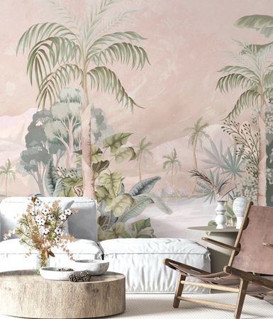 Pastel Pink Jungle Scene Tropical Palms Wallpaper Mural