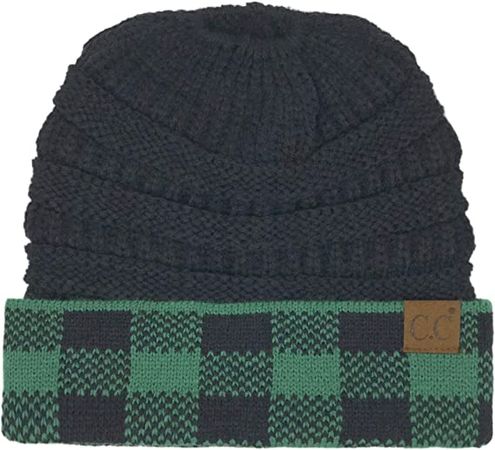 CC Ponytail Messy Bun BeanieTail Soft Winter Knit Stretch Beanie Hat (Buffalo Plaid Hunter Green/Navy) at Amazon Women’s Clothing store